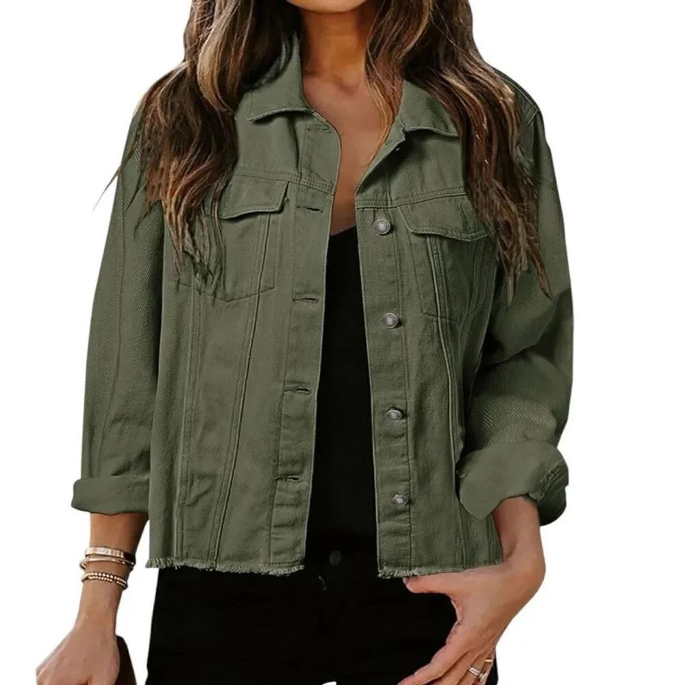 Jean Jacket Army Green Size Medium Raw Hem Button front